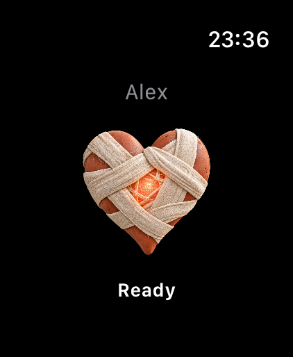 DayKind on Apple Watch showing a woven heart for Alex with the word Ready.