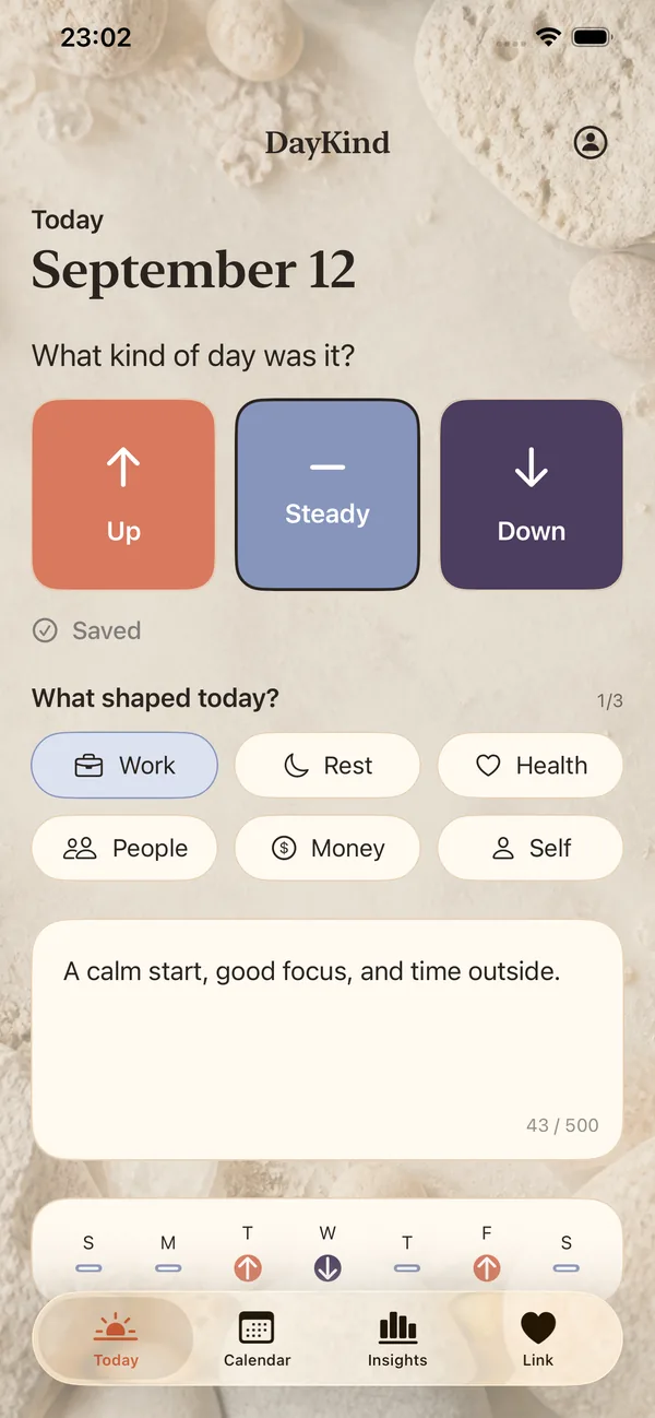 DayKind Today screen with Up, Steady and Down buttons, a few optional factors and a private note.